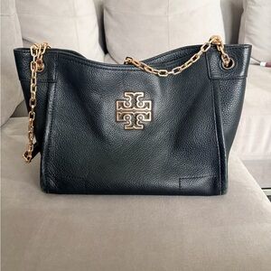 Tory Burch Black Pebbled Leather Shoulder Bag with Gold Chain